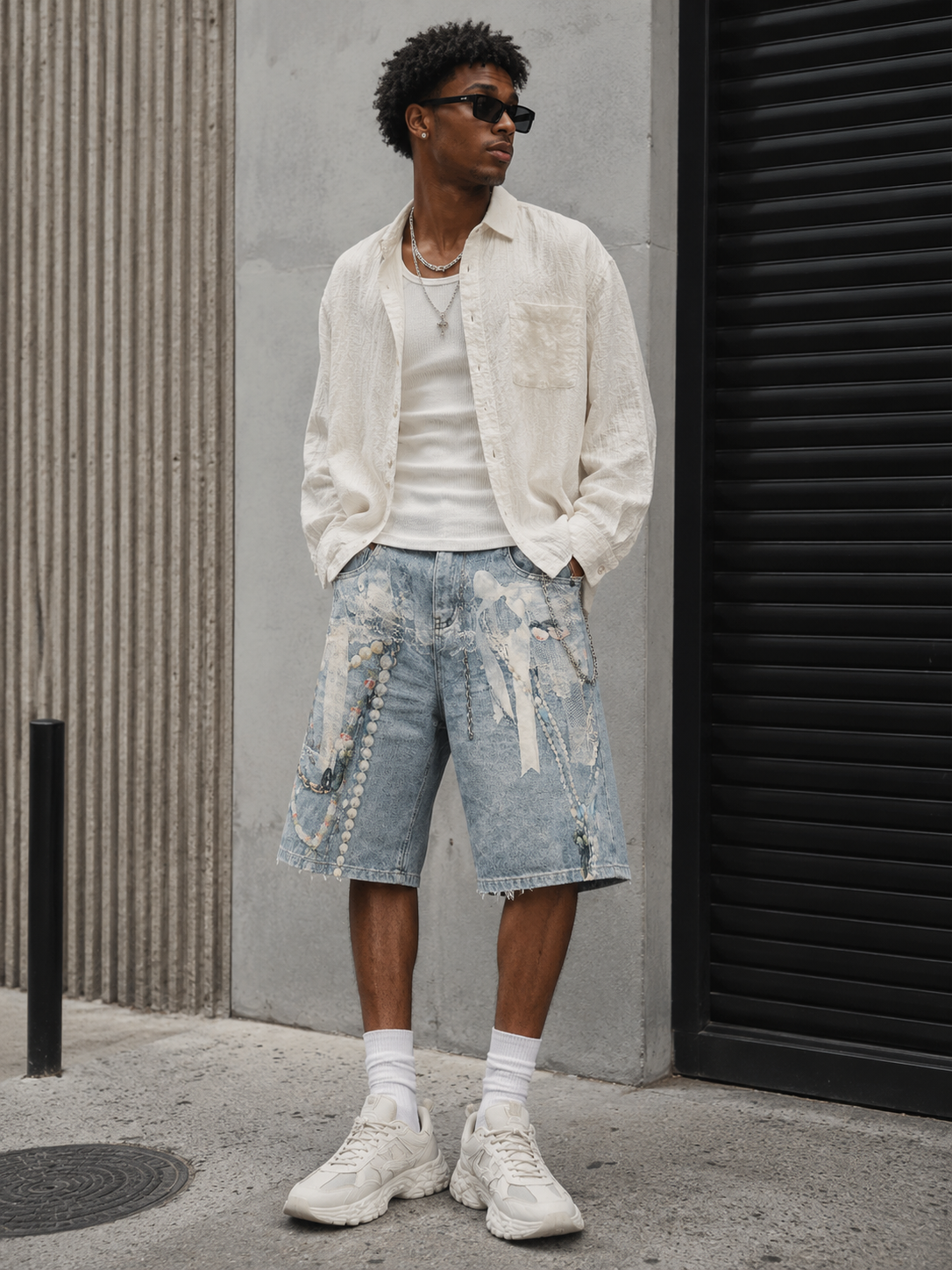 Man wearing a white shirt, light-colored shorts, and white sneakers against a gray wall.