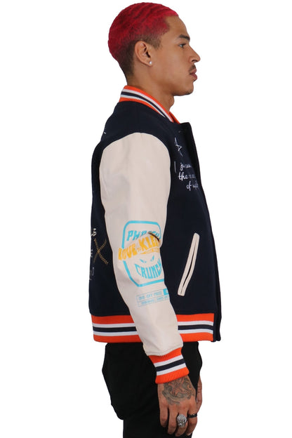 Odessa Melton Body with Faux Leather Sleeve Varsity Jacket