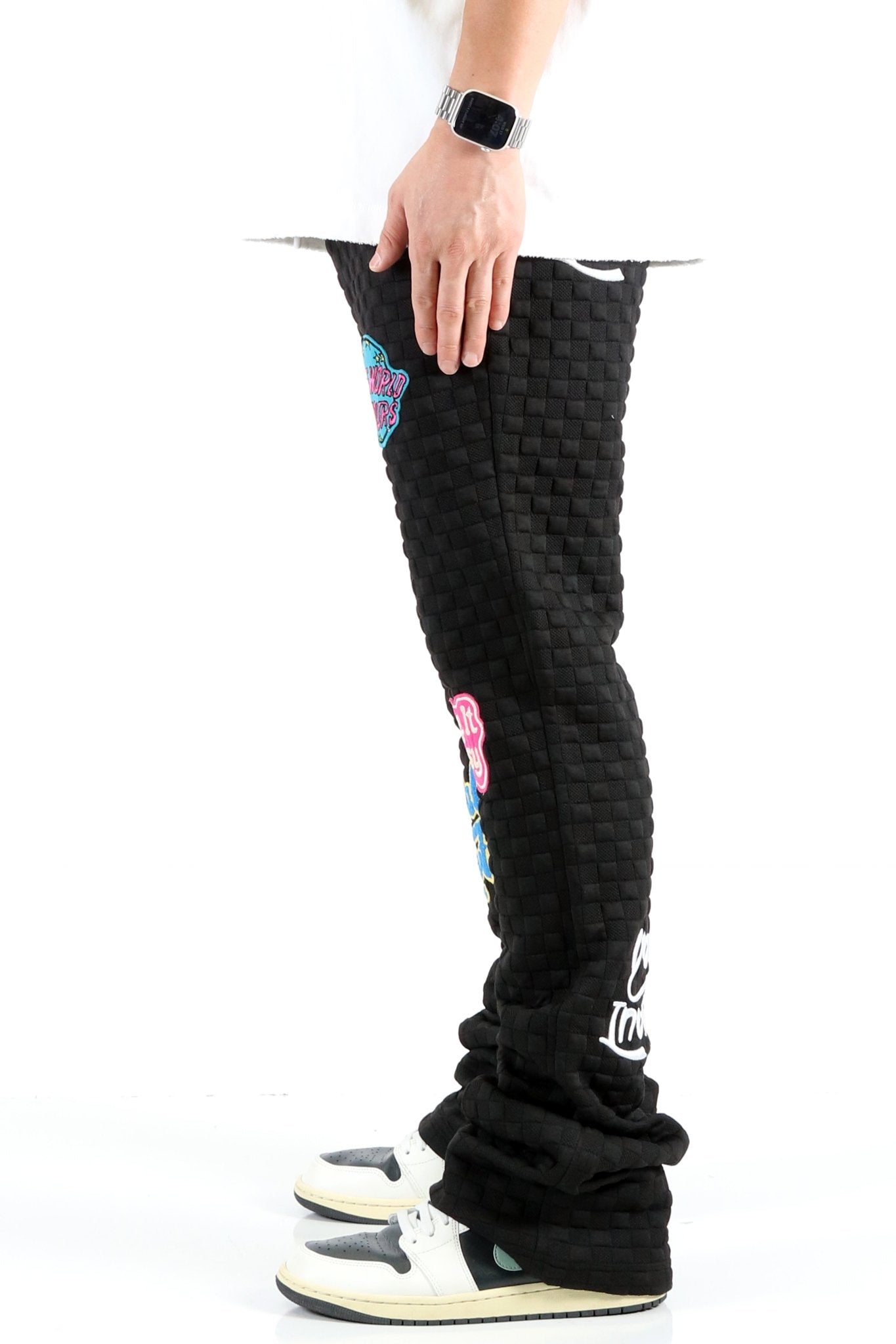 Kuroi Waffle Fleece Skinny Flare Stacked Pants