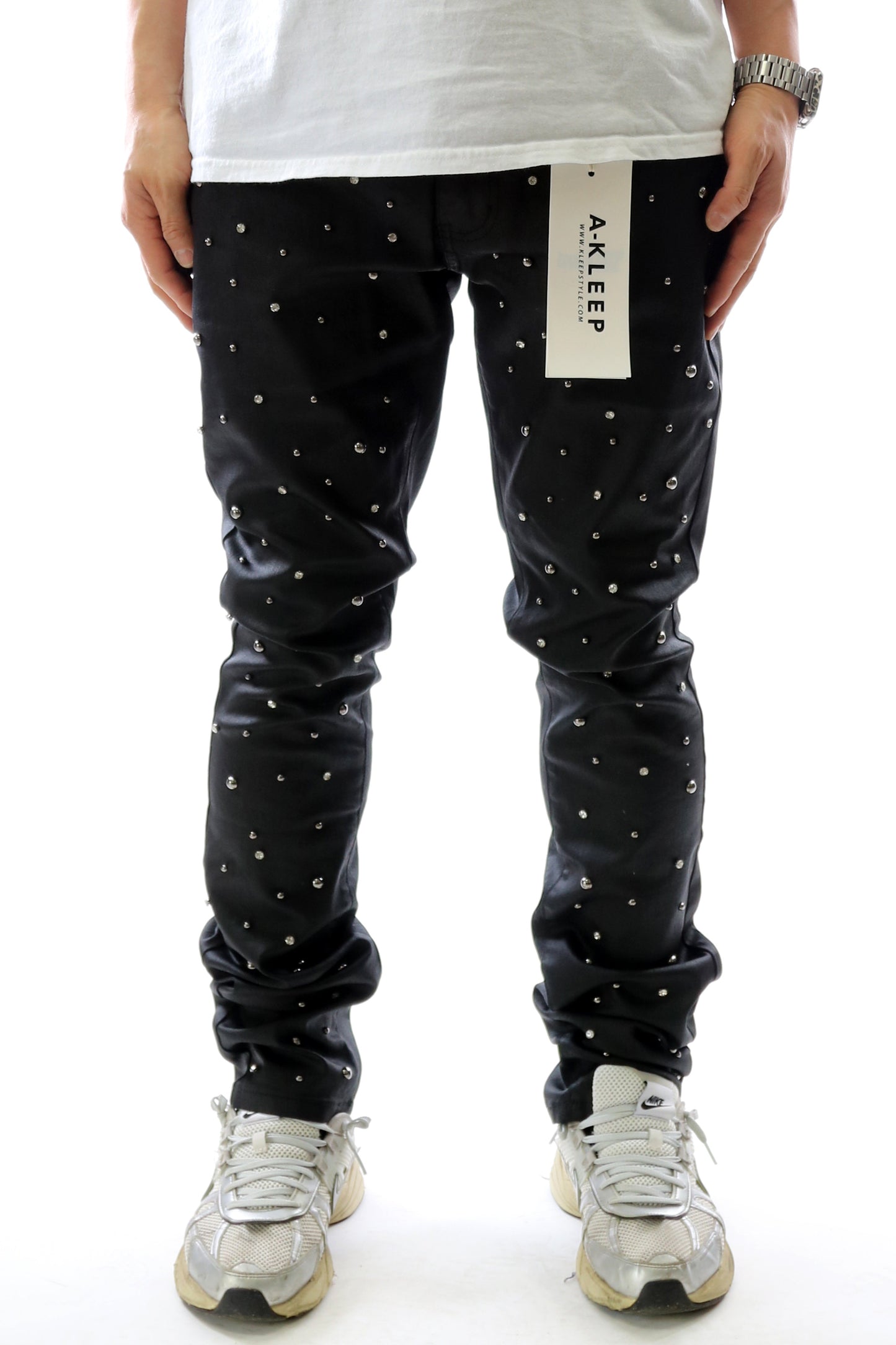 Wax Coated Skinny Denim Pants with Crystal Stud | In-front