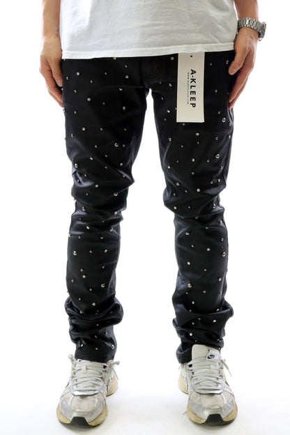 Wax Coated Skinny Denim Pants with Crystal Stud | In-front