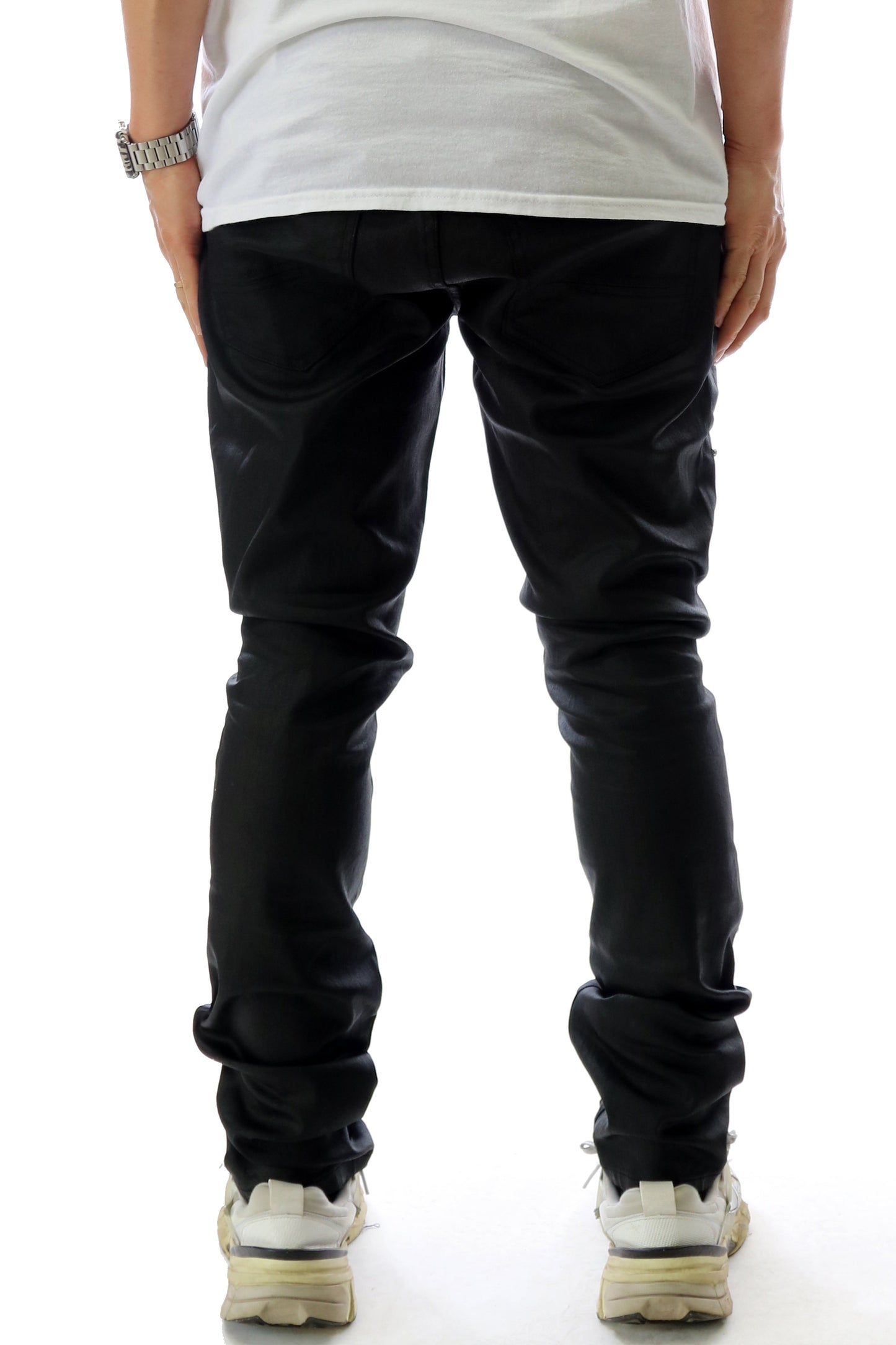 Wax Coated Skinny Denim Pants with Crystal Stud | In-front