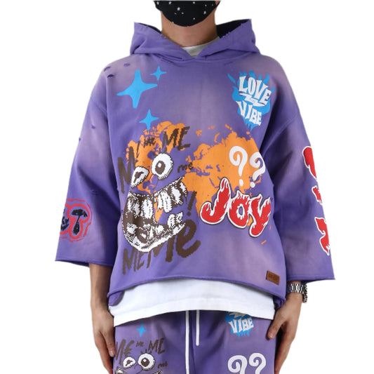 Diaz French Terry 3/4 Sleeve Crop Top Pullover Hoodie