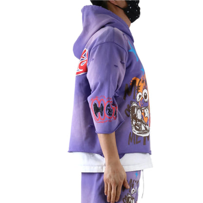 Diaz French Terry 3/4 Sleeve Crop Top Pullover Hoodie