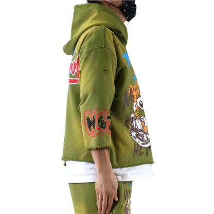 Garnio French Terry 3/4 Sleeve Crop Top Pullover Hoodie