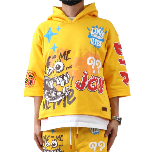Merti French Terry 3/4 Sleeve Crop Top Pullover Hoodie