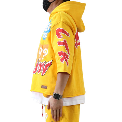 Merti French Terry 3/4 Sleeve Crop Top Pullover Hoodie
