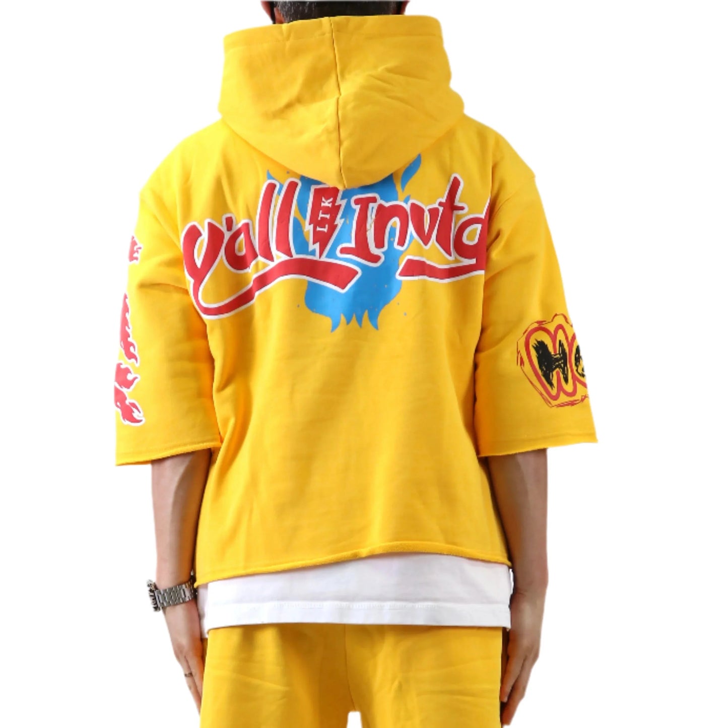 Merti French Terry 3/4 Sleeve Crop Top Pullover Hoodie