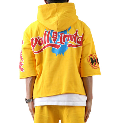Merti French Terry 3/4 Sleeve Crop Top Pullover Hoodie