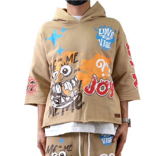 Trent French Terry 3/4 Sleeve Crop Top Pullover Hoodie