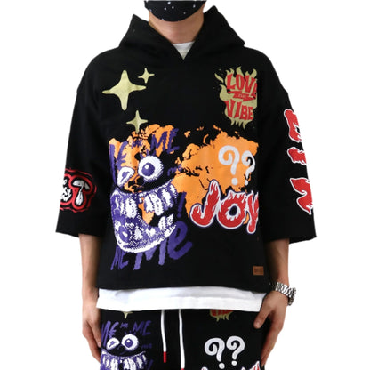 French Terry 3/4 Sleeve Crop Top Pullover Hoodie