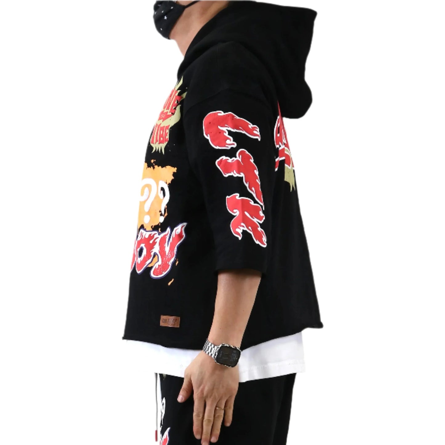 French Terry 3/4 Sleeve Crop Top Pullover Hoodie