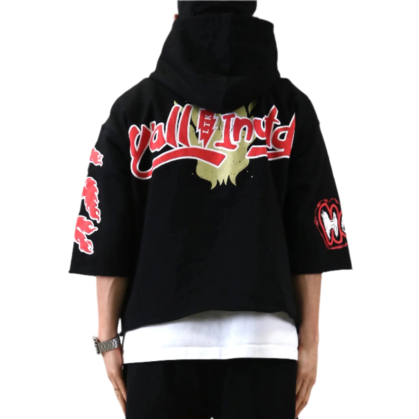 French Terry 3/4 Sleeve Crop Top Pullover Hoodie