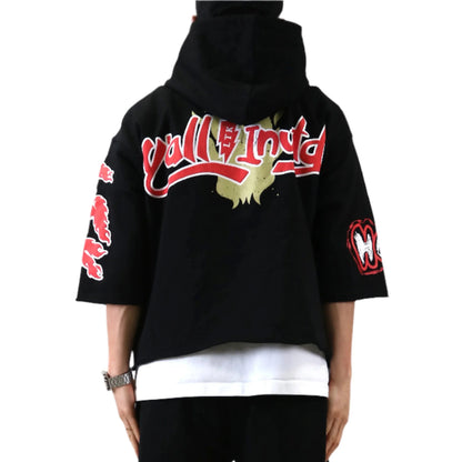 French Terry 3/4 Sleeve Crop Top Pullover Hoodie