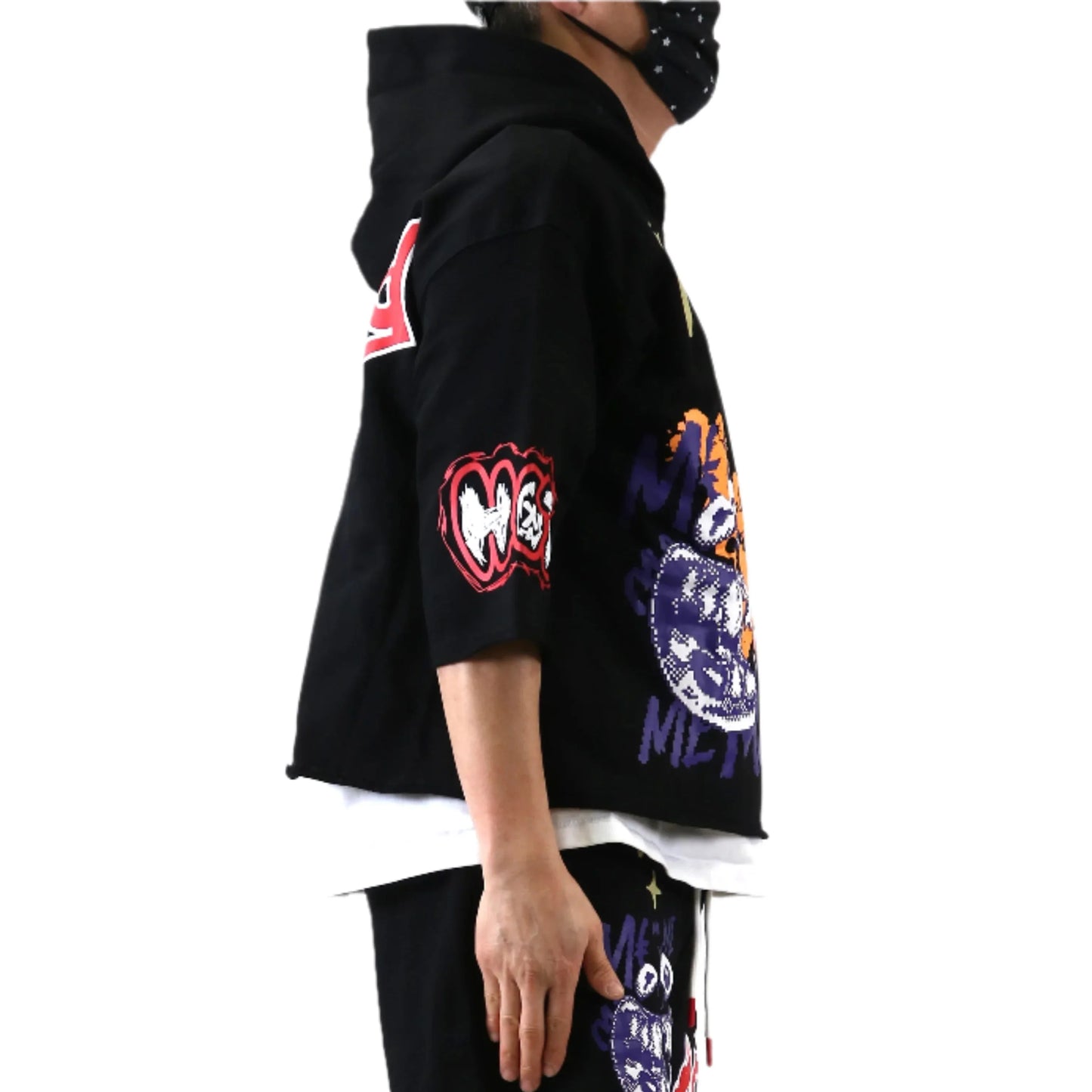 French Terry 3/4 Sleeve Crop Top Pullover Hoodie