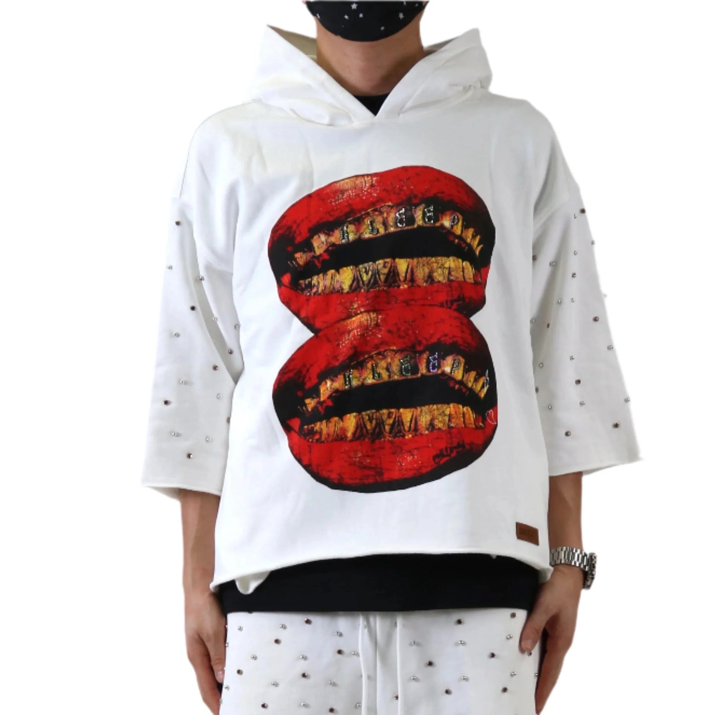 Clain French Terry 3/4 Sleeve Crop Top Pullover Hoodie