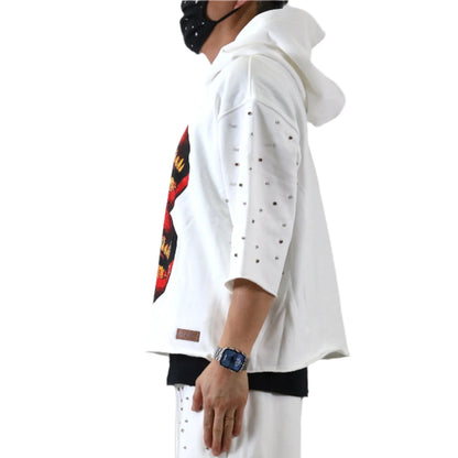 Clain French Terry 3/4 Sleeve Crop Top Pullover Hoodie