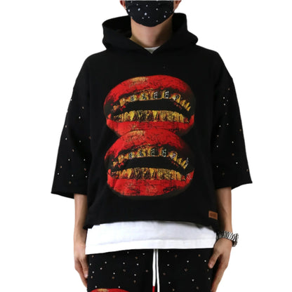Schuma French Terry 3/4 Sleeve Crop Top Pullover Hoodie
