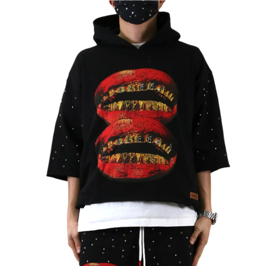 Schuma French Terry 3/4 Sleeve Crop Top Pullover Hoodie