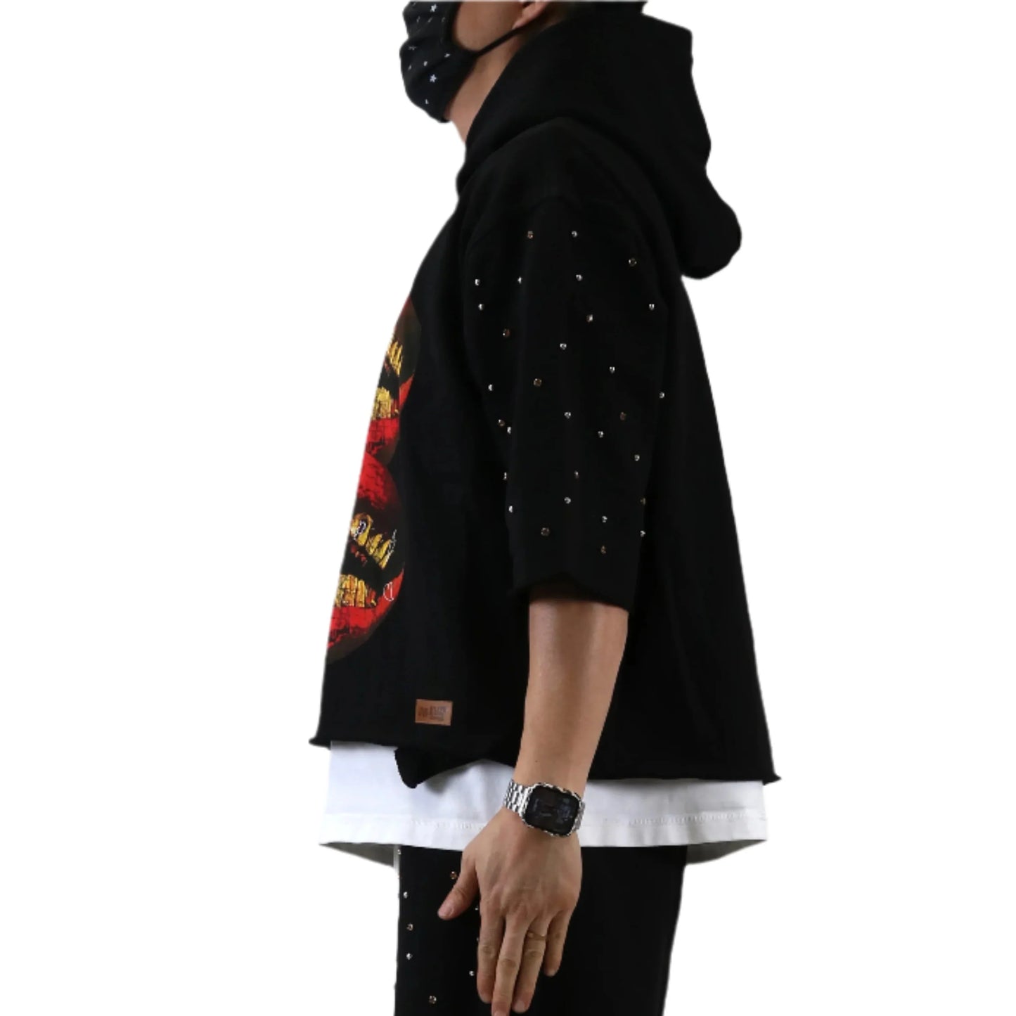 Schuma French Terry 3/4 Sleeve Crop Top Pullover Hoodie