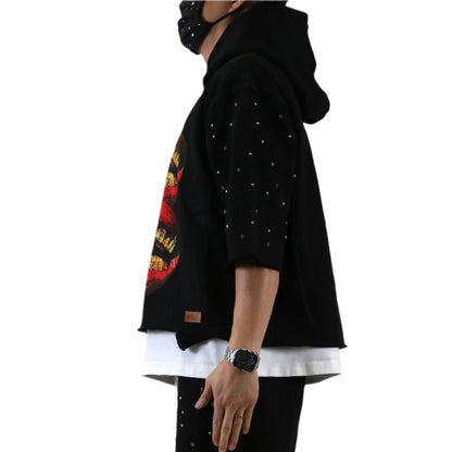 Schuma French Terry 3/4 Sleeve Crop Top Pullover Hoodie