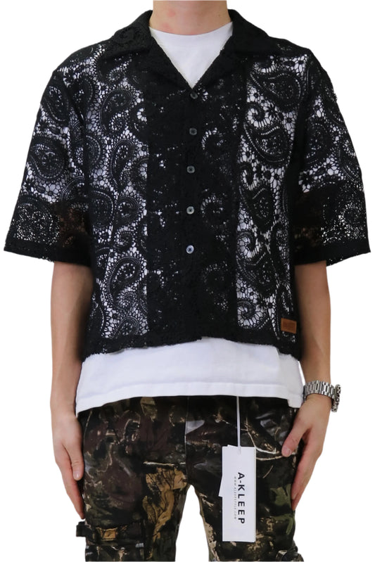 Helwit Paisley Mesh Crop Top Short Sleeve Buttondown Shirt