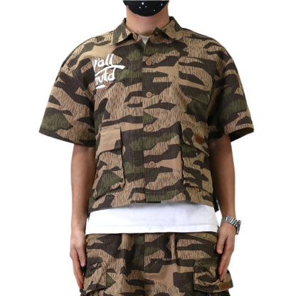 Fine Ripstop Twill Boxy Cut Crop Top Short sleeve Buttondown Shirt