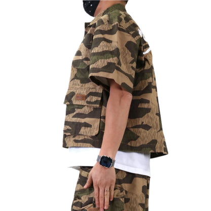 Fine Ripstop Twill Boxy Cut Crop Top Short sleeve Buttondown Shirt