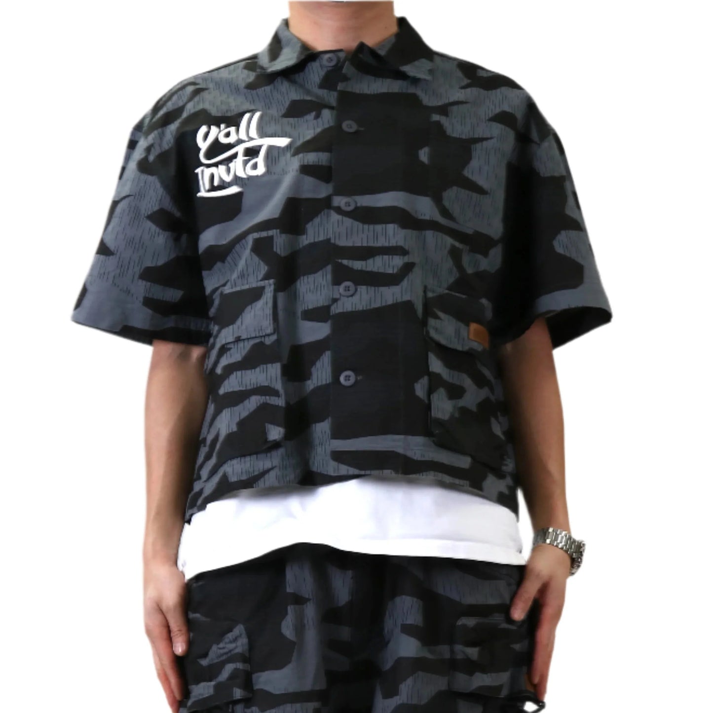 Noir Fine Ripstop Twill Boxy Cut Crop Top Short sleeve Buttondown Shirt
