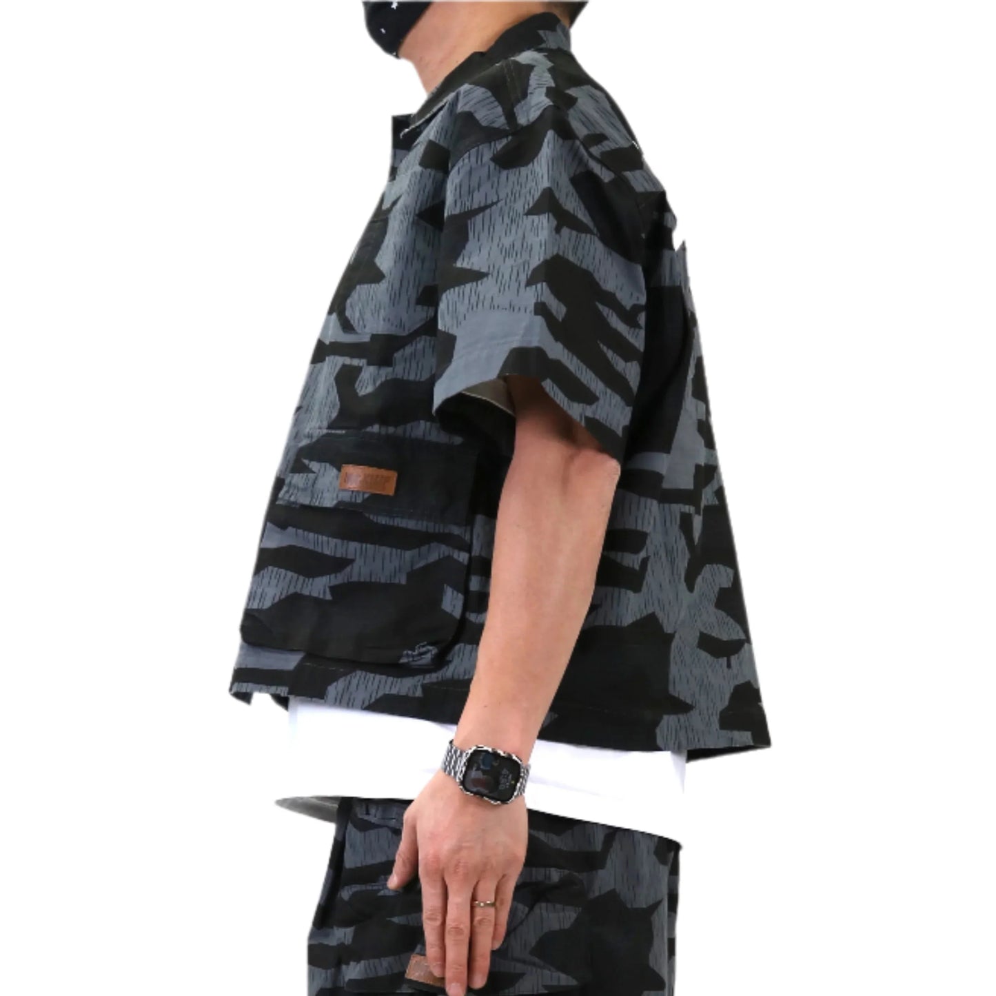 Noir Fine Ripstop Twill Boxy Cut Crop Top Short sleeve Buttondown Shirt
