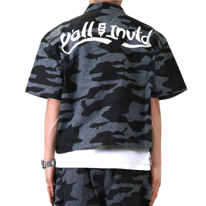 Noir Fine Ripstop Twill Boxy Cut Crop Top Short sleeve Buttondown Shirt