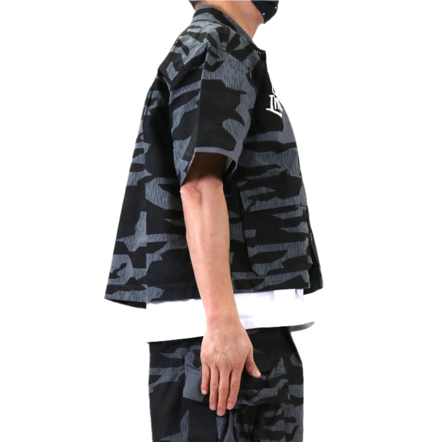 Noir Fine Ripstop Twill Boxy Cut Crop Top Short sleeve Buttondown Shirt