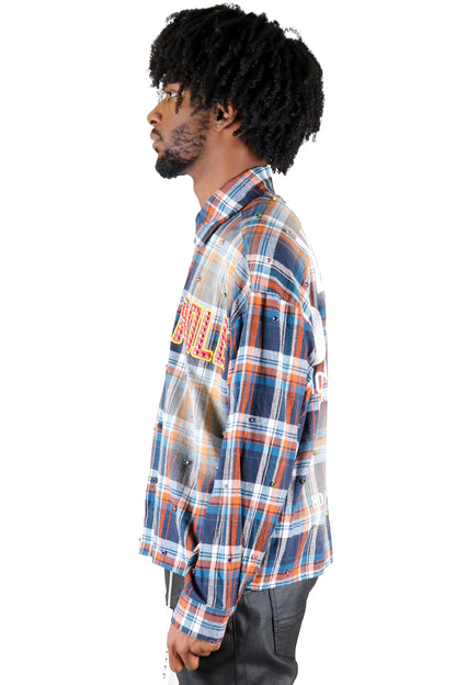 Long Sleeve Washed Flannel Crop Top Button Down Shirt