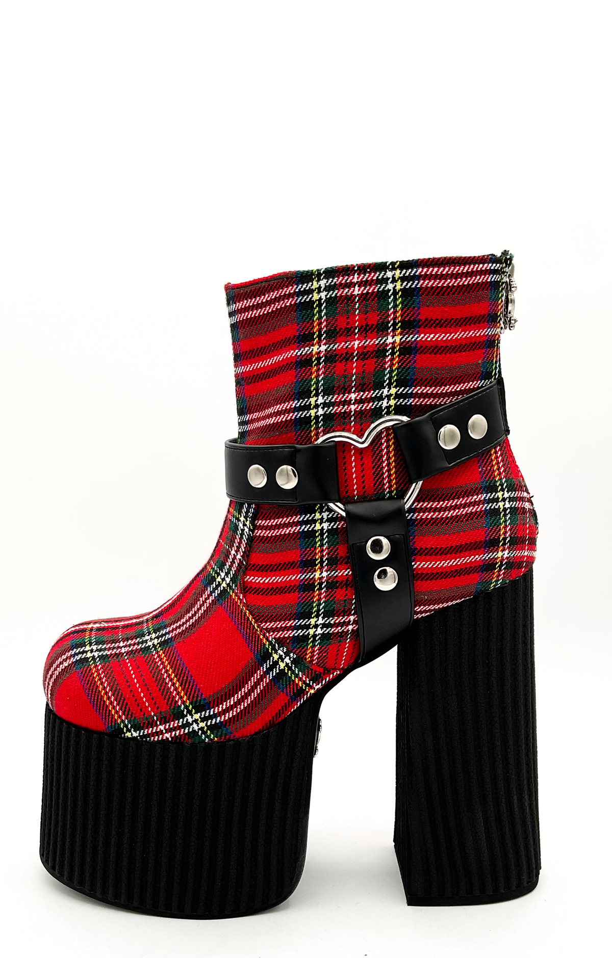 Plaid platform boot with a buckle on a white background