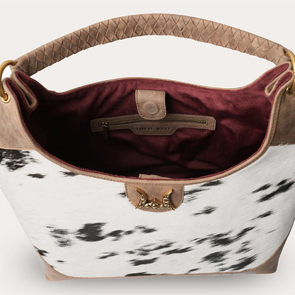 LW Large Purse - Black & White Cowhide with Oiled Brown Leather