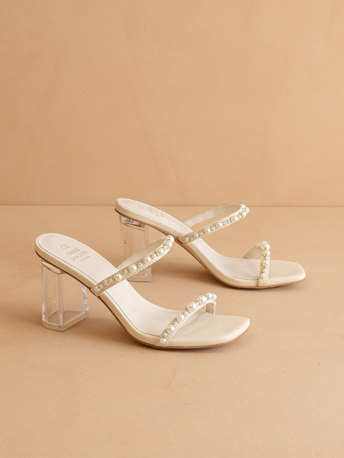 The Mae | Beige Wedding Pearl Detail Clear Block Heel