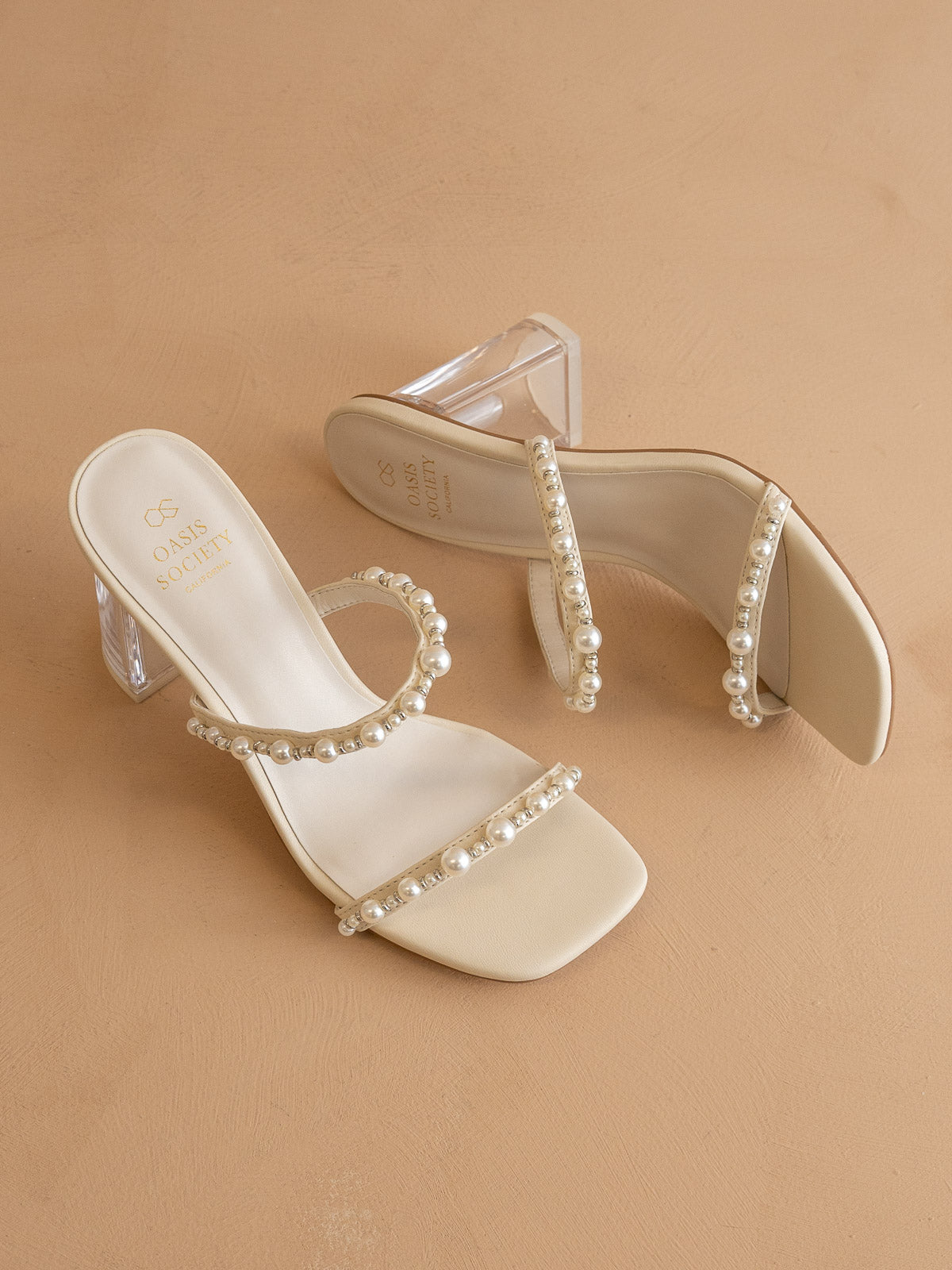 The Mae | Beige Wedding Pearl Detail Clear Block Heel