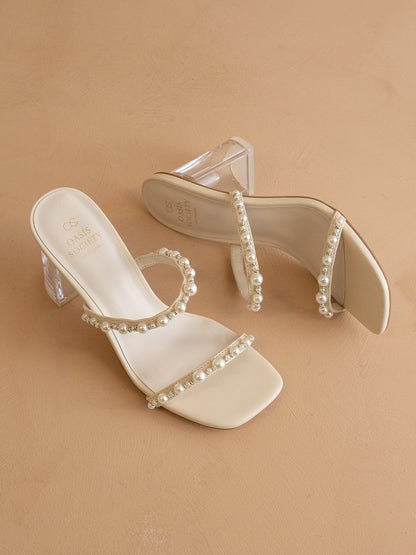 The Mae | Beige Wedding Pearl Detail Clear Block Heel