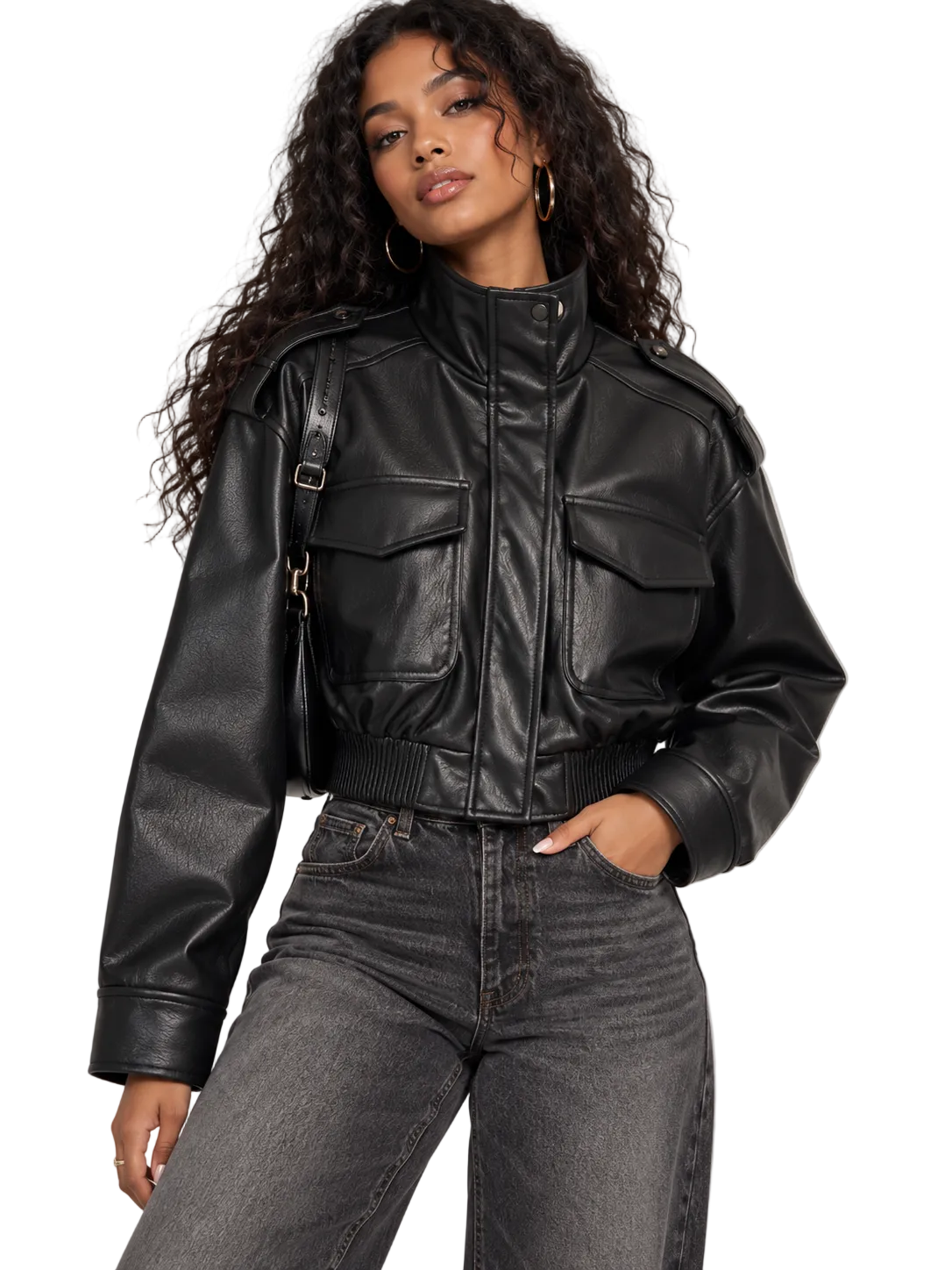 Faux Leather Cropped Bomber Jacket