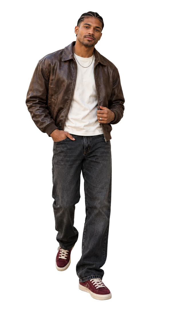 A man walking on a city sidewalk wearing a brown leather jacket, white t-shirt, dark gray jeans, and burgundy sneakers.