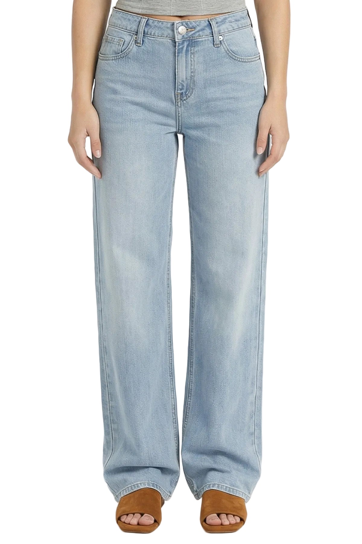 Light blue jeans worn by a person on a white background
