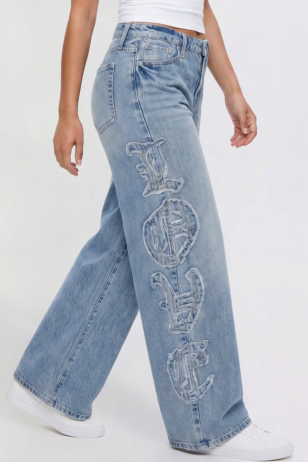 Joey Super Wide Leg Jeans with Love Patch