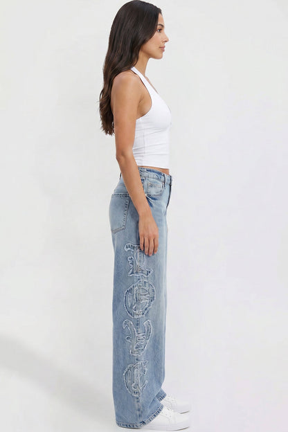 Joey Super Wide Leg Jeans with Love Patch