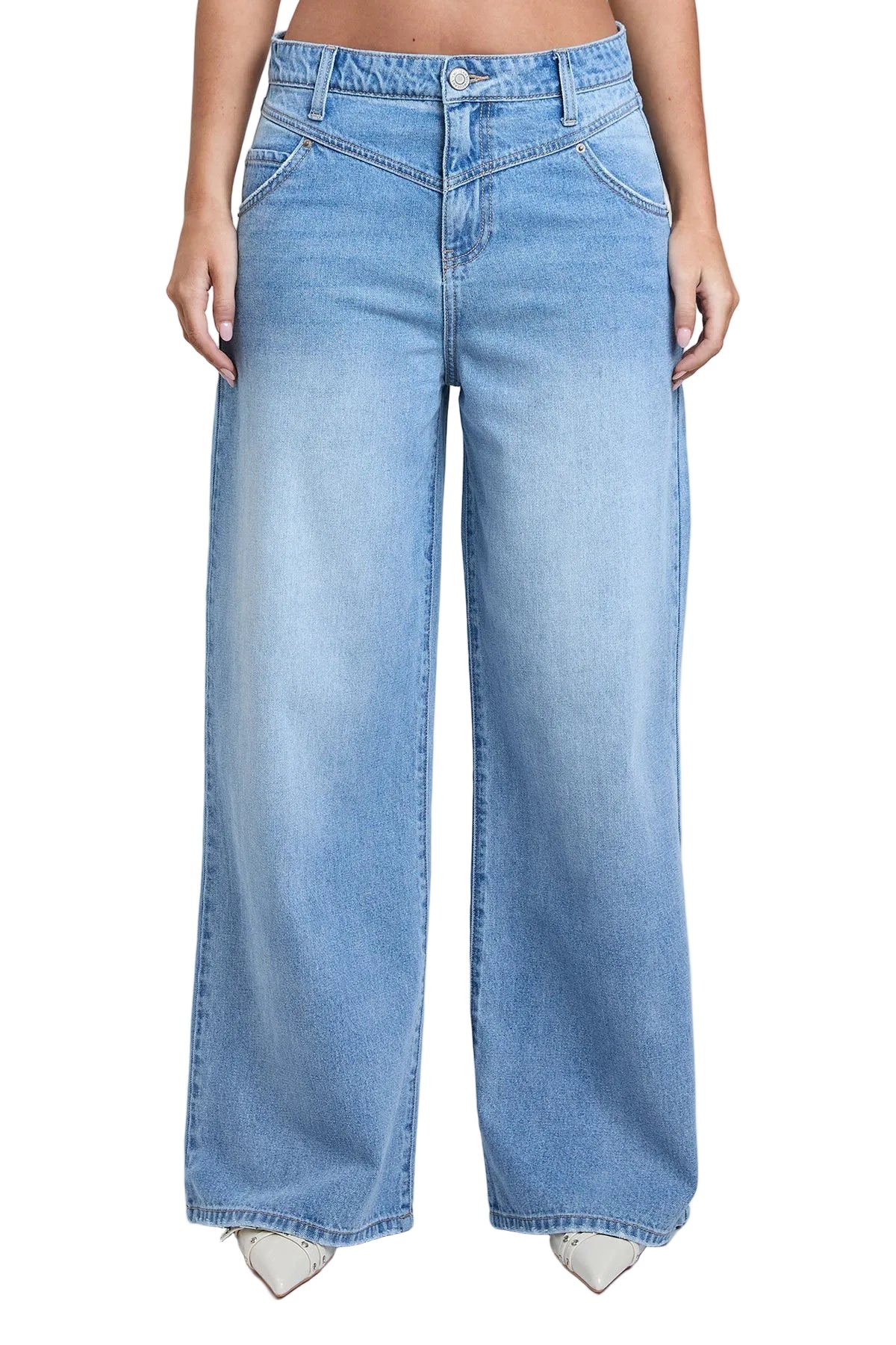 Light blue jeans worn by a person on a white background