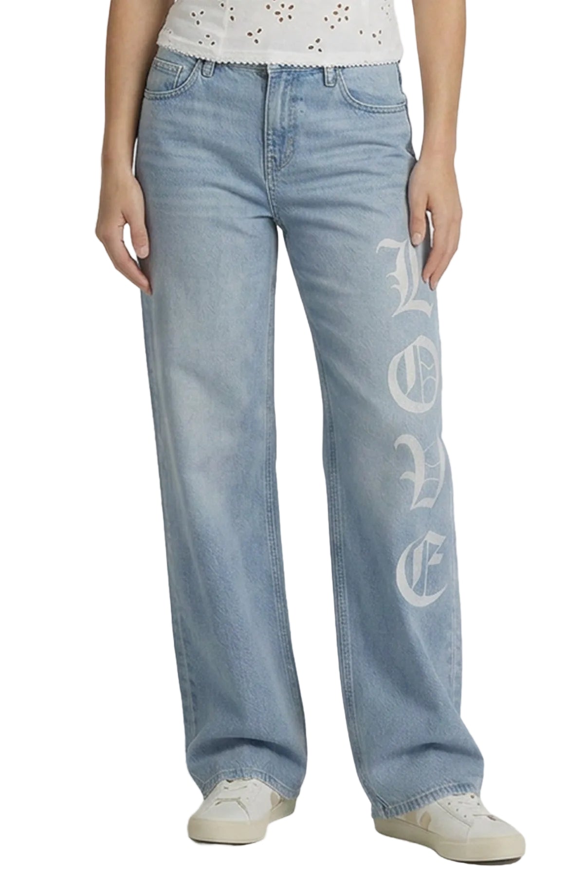 Light blue jeans with 'LOVE' text on a white background