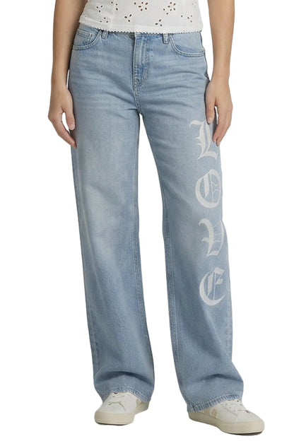 Light blue jeans with 'LOVE' text on a white background