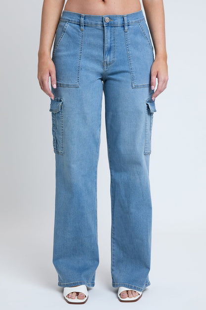 Elastic Waist Straight  Cargo Jean