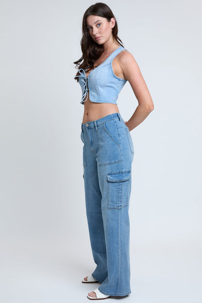 Elastic Waist Straight  Cargo Jean