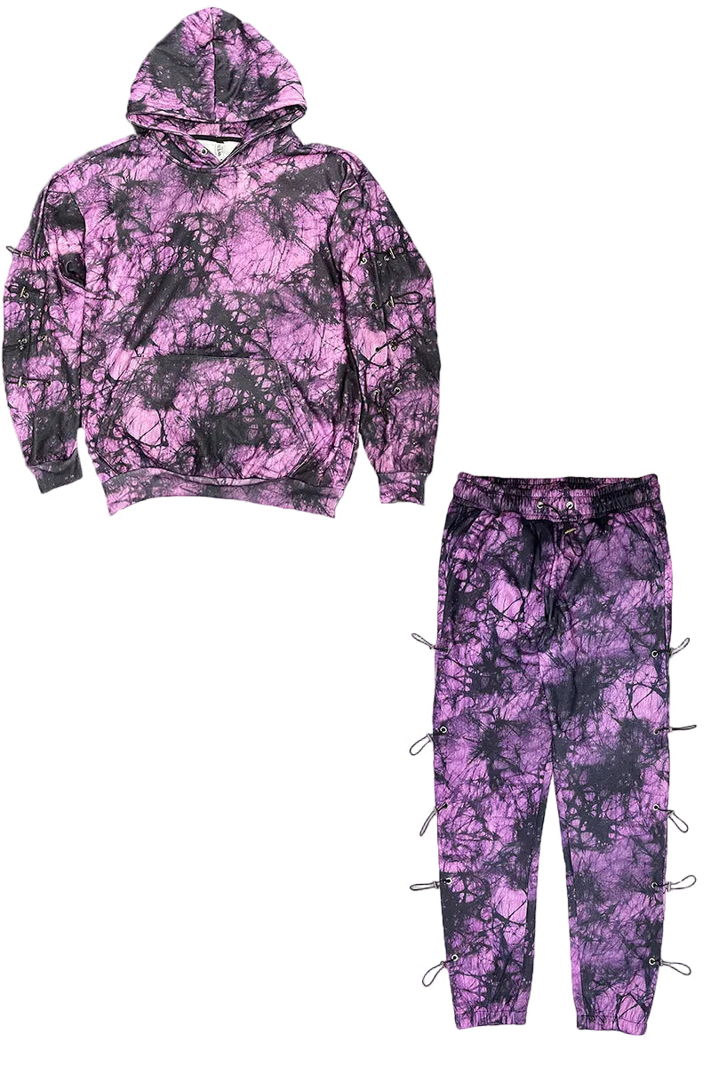 Purple and black tie-dye hoodie and pants set on a white background