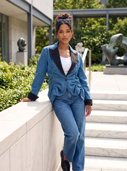 A woman wearing a blue denim jacket with black satin lapels and matching blue jeans, leaning against a light stone wall on outdoor steps.